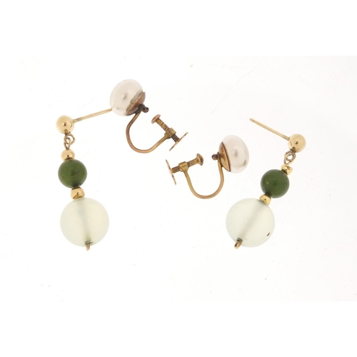 2561 - Pair of 9ct gold simulated pearl earrings and a pair of green stone earrings, 5.2g