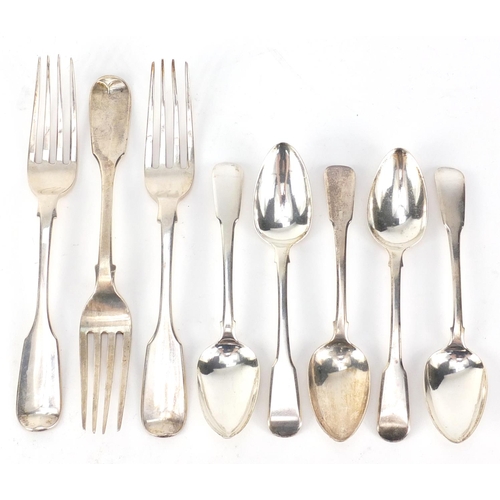 2492A - Five Georgian silver teaspoons and three Victorian silver forks, various hallmarks, the largest 18.5... 