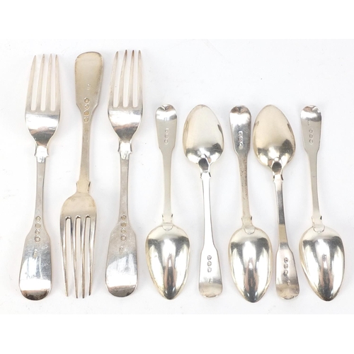 2492A - Five Georgian silver teaspoons and three Victorian silver forks, various hallmarks, the largest 18.5... 