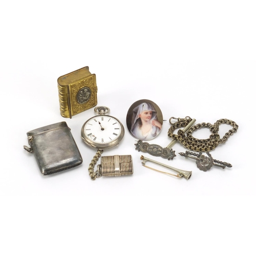 2613 - Objects including a rectangular silver vesta, ladies silver pocket watch and a hand painted porcelai... 