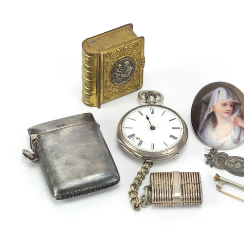 2613 - Objects including a rectangular silver vesta, ladies silver pocket watch and a hand painted porcelai... 