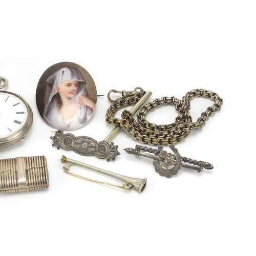 2613 - Objects including a rectangular silver vesta, ladies silver pocket watch and a hand painted porcelai... 