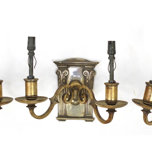 594 - Three silver plated portico design wall sconces, each 23cm high