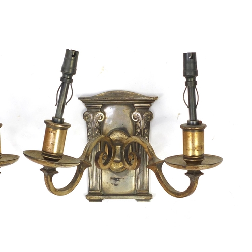 594 - Three silver plated portico design wall sconces, each 23cm high