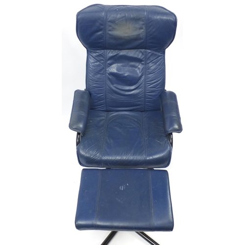 9 - Danish blue leatherette easy chair and footstool by Kebe