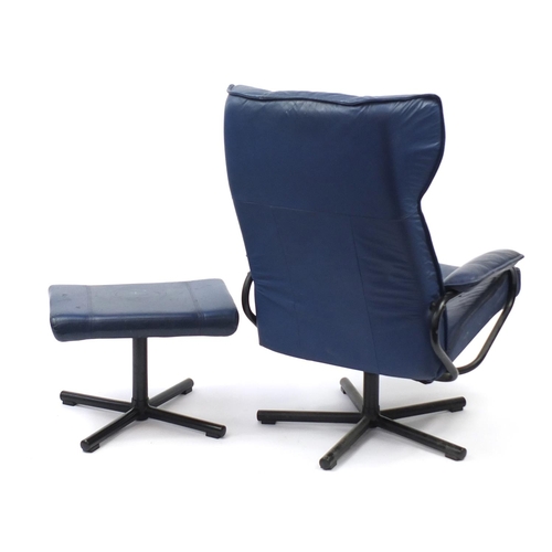 9 - Danish blue leatherette easy chair and footstool by Kebe