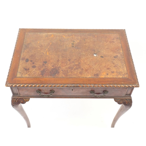 3 - Victorian mahogany and walnut writing table by Maple & Co, with tooled leather insert above a freize... 