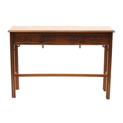 8 - Yew console table fitted with three drawers, 77cm H x 114cm W x 35cm D