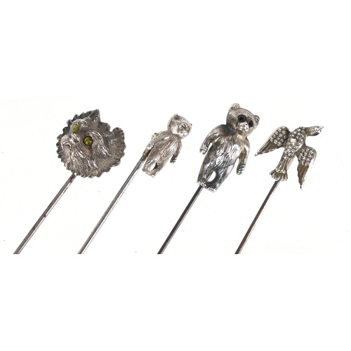 2 - Four rotating silver hat pins including two teddy bears and a dog head, one by Adie & Lovekin Ltd Bi... 