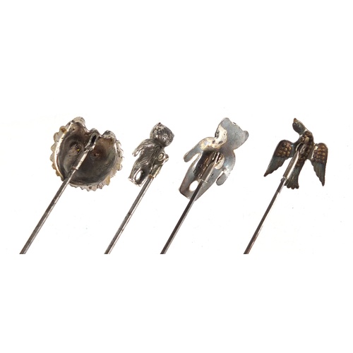 2 - Four rotating silver hat pins including two teddy bears and a dog head, one by Adie & Lovekin Ltd Bi... 