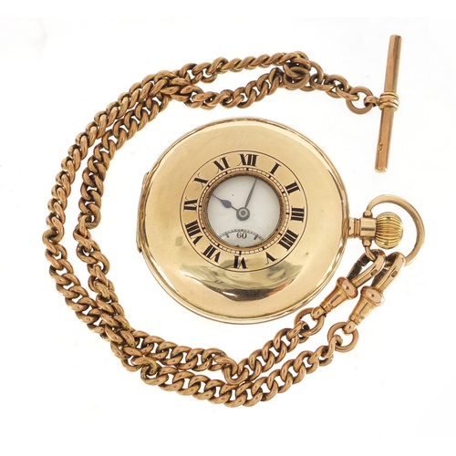 815 - Gentleman's 9ct gold half hunter pocket watch (71.0g) on a 9ct gold watch chain (19.8g), the watch 5... 