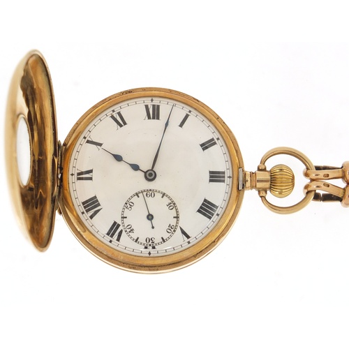 815 - Gentleman's 9ct gold half hunter pocket watch (71.0g) on a 9ct gold watch chain (19.8g), the watch 5... 