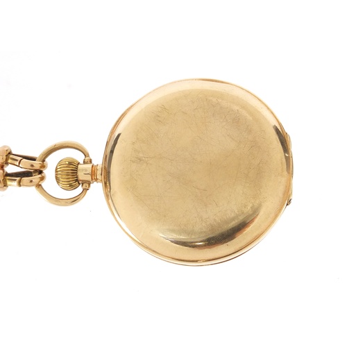 815 - Gentleman's 9ct gold half hunter pocket watch (71.0g) on a 9ct gold watch chain (19.8g), the watch 5... 