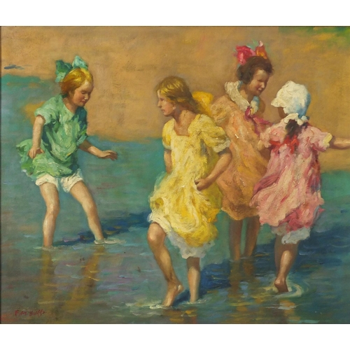 2031 - Manner of F M Boggs - Children paddling in the sea, oil on board, framed, 54cm x 45.5cm