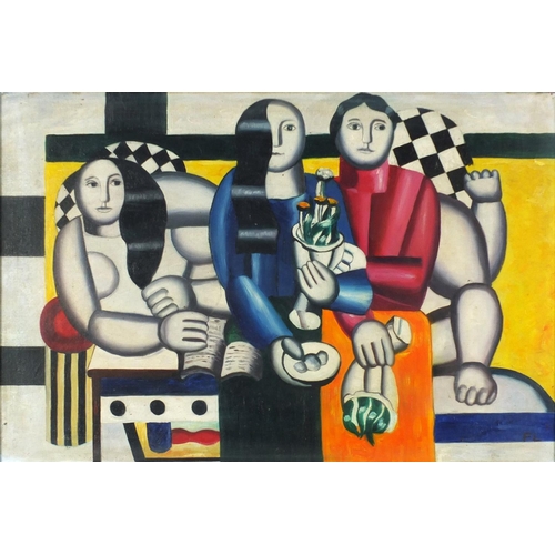 2085 - Manner of F Leger - Abstract composition with figures, French Impressionist oil on board, framed, 75... 