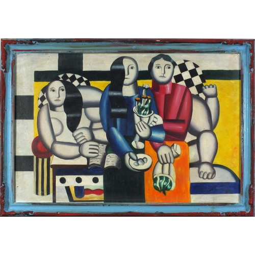 2085 - Manner of F Leger - Abstract composition with figures, French Impressionist oil on board, framed, 75... 