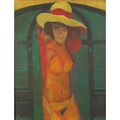 2470A - Manner of Dod Proctor - Standing nude female, oil on canvas, framed, 91cm x 69cm