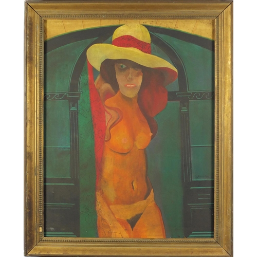 2470A - Manner of Dod Proctor - Standing nude female, oil on canvas, framed, 91cm x 69cm