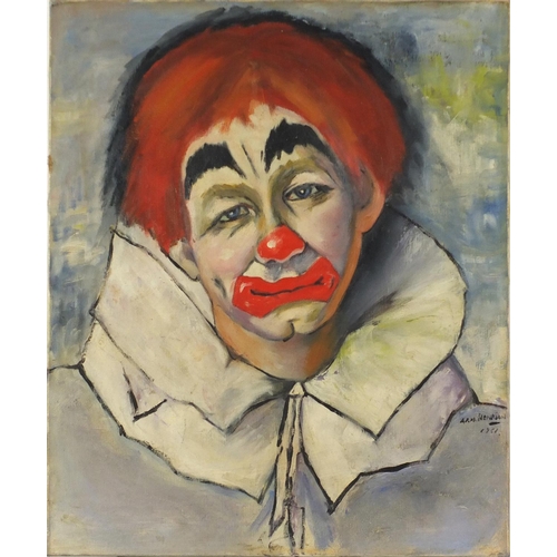 2086 - Manner of Henrian - Portrait of a clown, oil on canvas, unframed, 60cm x 49.5cm