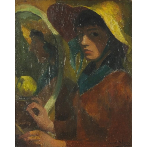 2475 - Manner of David Alison - Female beside a mirror, oil on board, framed 49cm x 39cm