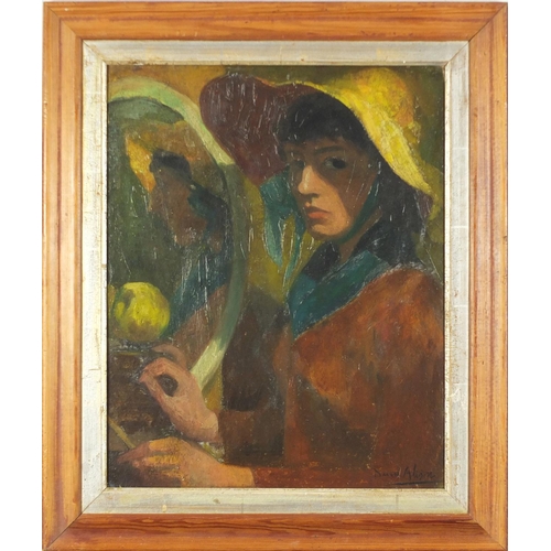 2475 - Manner of David Alison - Female beside a mirror, oil on board, framed 49cm x 39cm