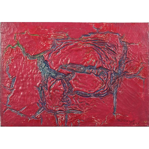 2469 - Abstract composition, impasto oil on canvas, bearing an indistinct signature, unframed, 68.5cm x 68c... 