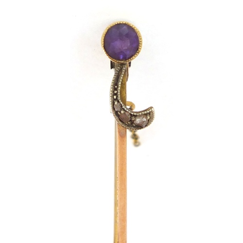 779 - Victorian 9ct gold amethyst and diamond bar brooch and an unmarked gold diamond and pearl tie pin, 4... 