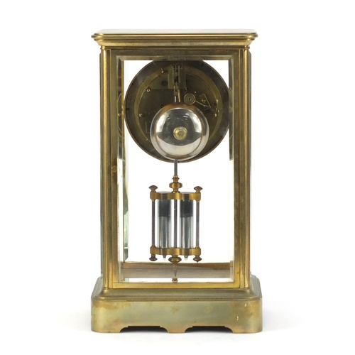 108 - 19th century French brass cased four glass mantle clock with a Brocot escapement and enamelled dial,... 