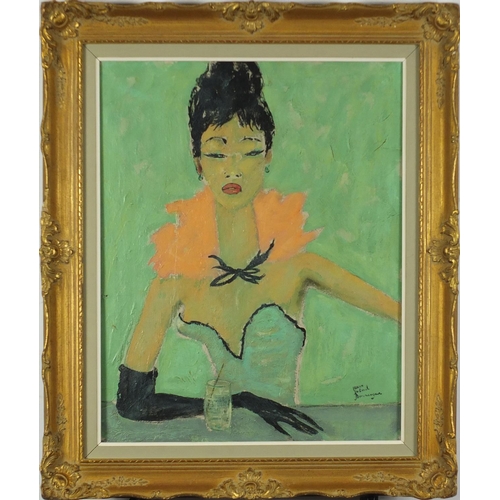 31 - After Kees van Dongen - Female in a party dress, oil on canvas, framed, 48.5cm x 38.5cm