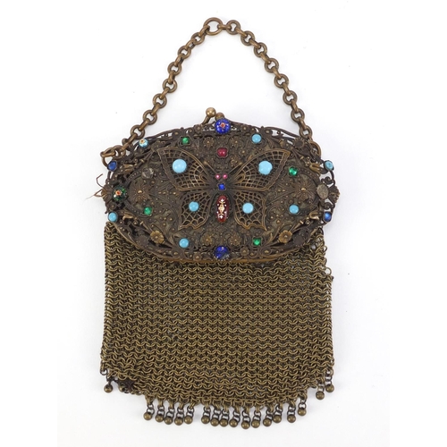 2491A - Early 20th century mesh miser's purse with jewelled butterfly design clasp and mirrored back, 13cm h... 