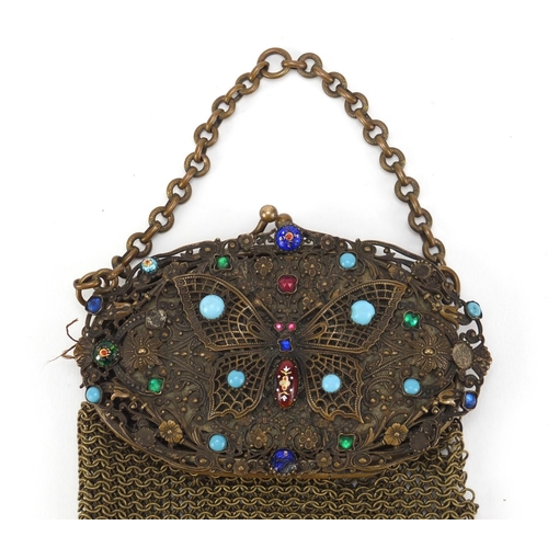 2491A - Early 20th century mesh miser's purse with jewelled butterfly design clasp and mirrored back, 13cm h... 