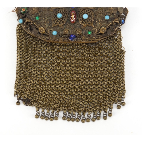 2491A - Early 20th century mesh miser's purse with jewelled butterfly design clasp and mirrored back, 13cm h... 