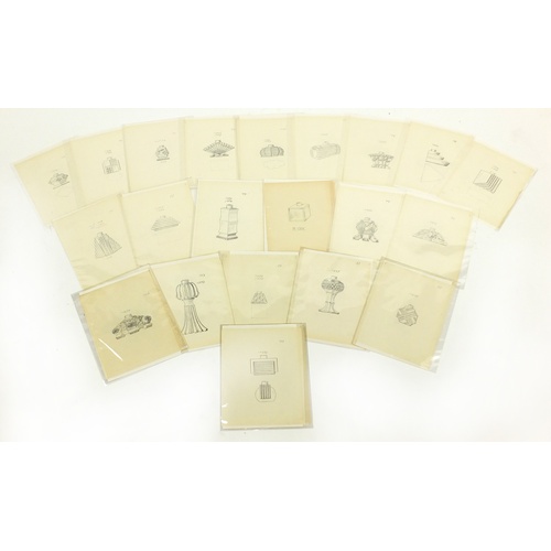 928A - Collection of vintage perfume bottle design drawings all unframed, each approximately 28cm x 22cm