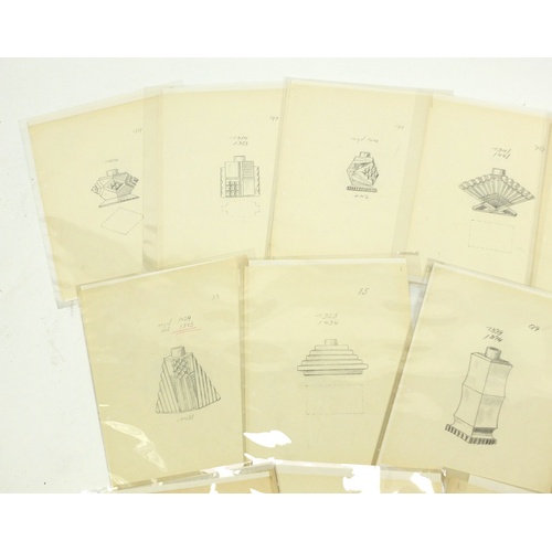 928A - Collection of vintage perfume bottle design drawings all unframed, each approximately 28cm x 22cm