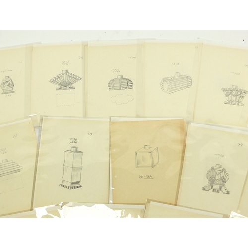 928A - Collection of vintage perfume bottle design drawings all unframed, each approximately 28cm x 22cm