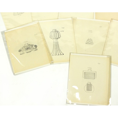 928A - Collection of vintage perfume bottle design drawings all unframed, each approximately 28cm x 22cm