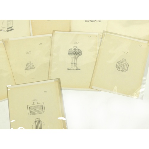 928A - Collection of vintage perfume bottle design drawings all unframed, each approximately 28cm x 22cm