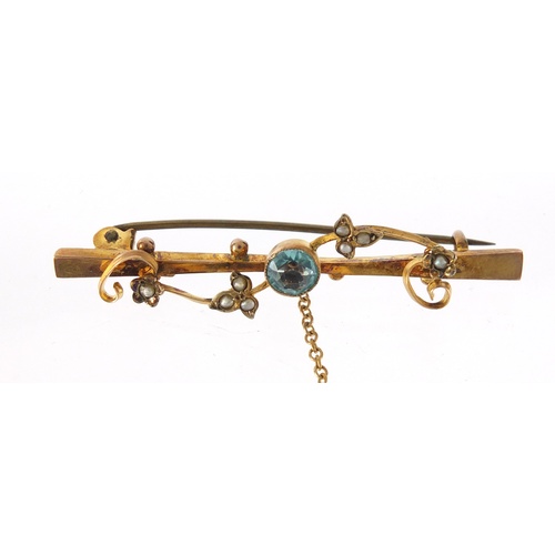 2614 - Art Nouveau 9ct gold, blue stone and seed pearl bar brooch, 4.5cm in length, 2.3g