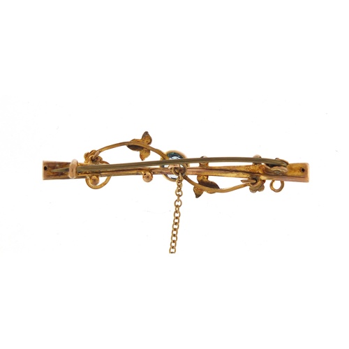 2614 - Art Nouveau 9ct gold, blue stone and seed pearl bar brooch, 4.5cm in length, 2.3g