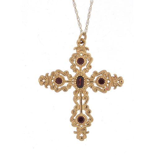 2546 - Victorian style 9ct gold cross pendant set with garnets on a 9ct gold necklace, the pendant 4.2cm hi... 