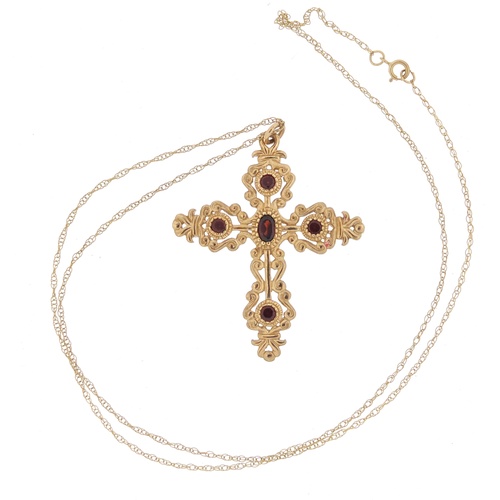 2546 - Victorian style 9ct gold cross pendant set with garnets on a 9ct gold necklace, the pendant 4.2cm hi... 