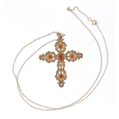 2546 - Victorian style 9ct gold cross pendant set with garnets on a 9ct gold necklace, the pendant 4.2cm hi... 