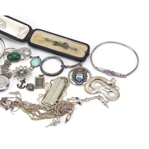 2607 - Silver and white metal jewellery including a malachite brooch, pendants and earrings, 215.0g