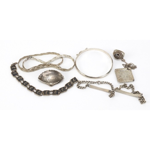 2615 - Silver and white metal jewellery including a Siam bracelet, necklaces and identity bracelets, 60.0g