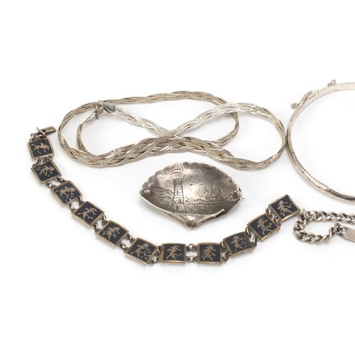 2615 - Silver and white metal jewellery including a Siam bracelet, necklaces and identity bracelets, 60.0g