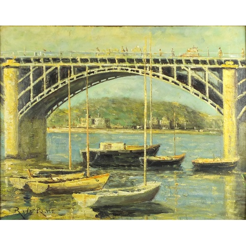 2471 - Manner of  R Le Rossett - Boats by a bridge, French impressionist oil on board, framed, 48cm x 38cm