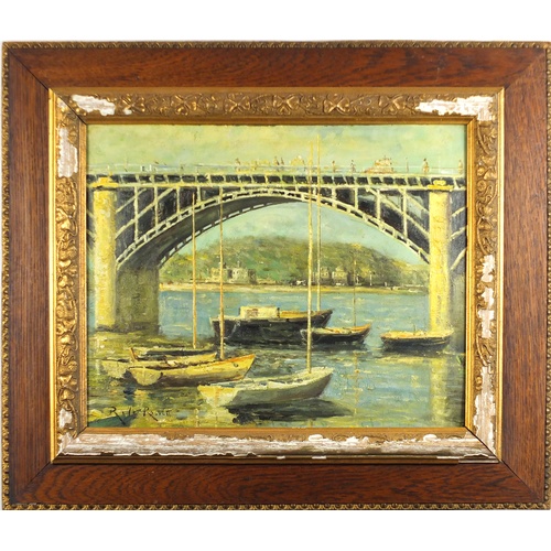 2471 - Manner of  R Le Rossett - Boats by a bridge, French impressionist oil on board, framed, 48cm x 38cm