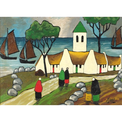 2032 - Manner of Markey Robinson - Figures before cottages and water, Irish school oil on board, framed 45.... 