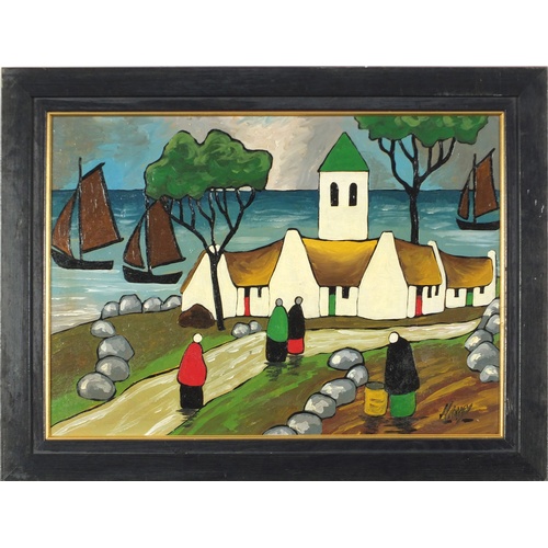 2032 - Manner of Markey Robinson - Figures before cottages and water, Irish school oil on board, framed 45.... 