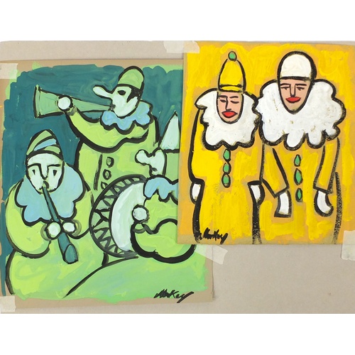 2472 - Manner of Markey Robinson - Clowns, two gouaches on paper, unframed, the largest 38cm x 32.5cm